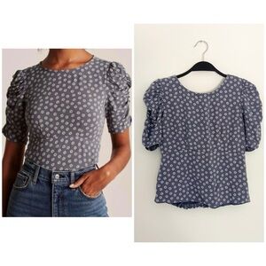 Abercrombie & Fitch Puff Sleeve Floral White and Blue Blouse